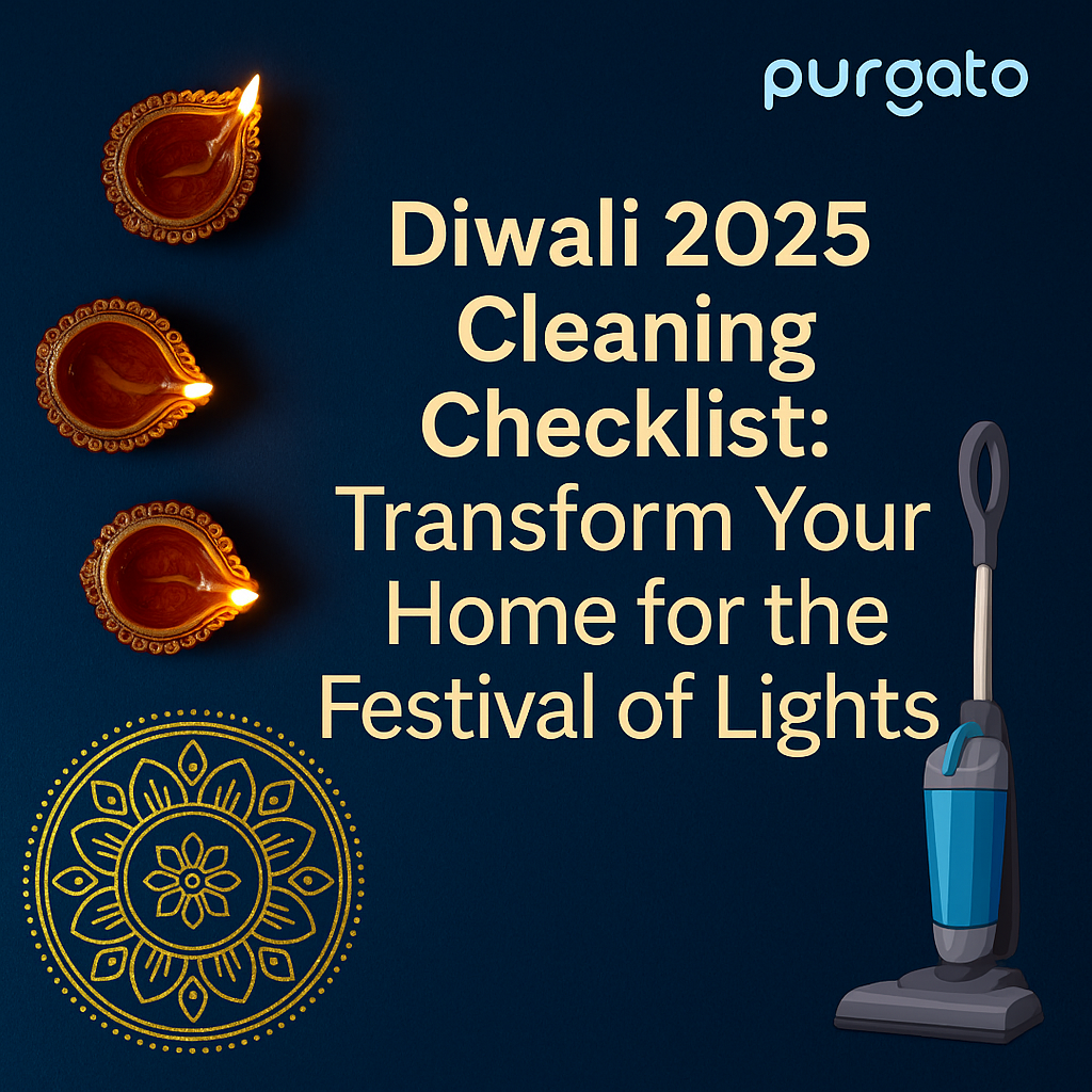 Diwali 2025 home cleaning checklist by Purgato – festive graphic with diyas, rangoli, and vacuum cleaner promoting pre-Diwali deep cleaning tips to prepare your home for the Festival of Lights.