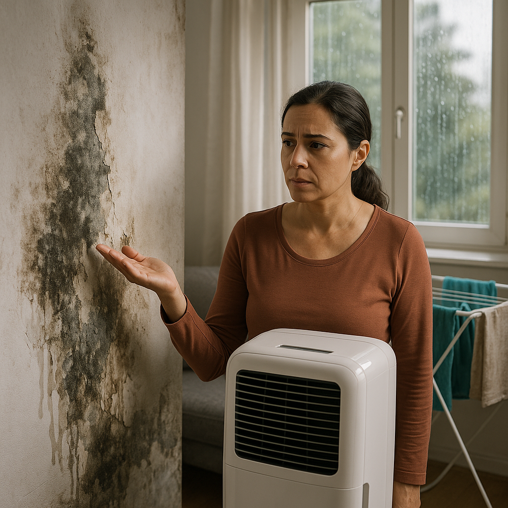 A concerned woman observes mold on a damp wall during monsoon season, holding a dehumidifier in a humid indoor setting with laundry drying near a rain-streaked window.