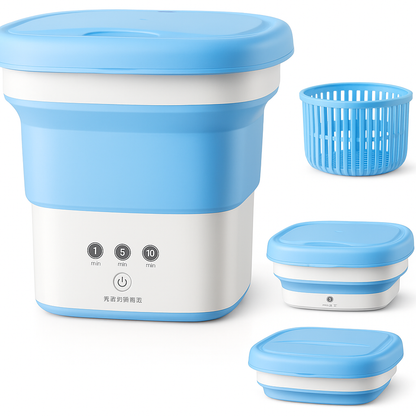 Purgato Collapsible Mini Washing Machine, Blue & White, Foldable with 10-Min Timer and Draining Basket – Ideal for Hostels & Travel Use