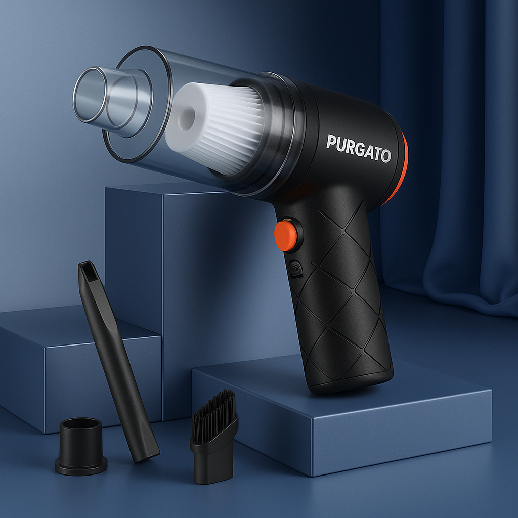 Purgato cordless handheld vacuum cleaner featuring compact design, powerful suction nozzle, brush attachments, and ergonomic grip.