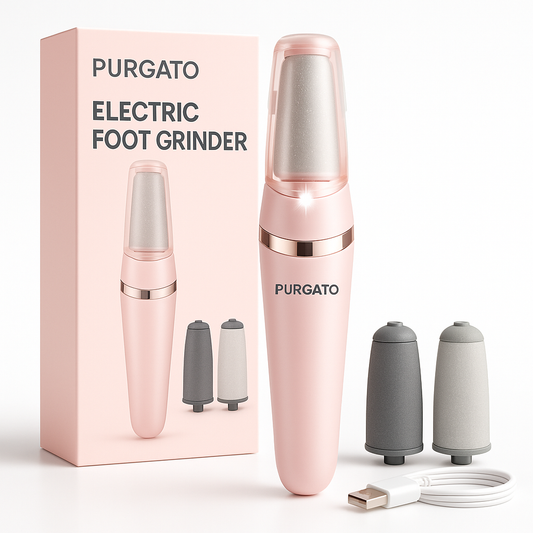 Purgato pink rechargeable electric foot grinder with USB cable, extra grinding heads, and elegant packaging for foot care and pedicure.