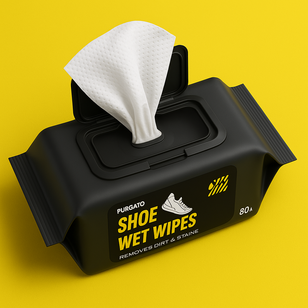 Purgato Shoe Wet Wipes pack of 80 in a black container with an easy-open lid for instant shoe cleaning and stain removal.