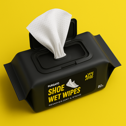 Purgato Shoe Wet Wipes pack of 80 in a black container with an easy-open lid for instant shoe cleaning and stain removal.