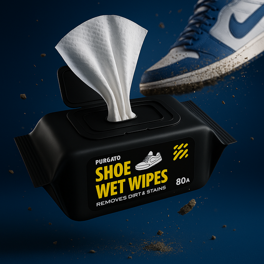 Purgato Shoe Wet Wipes pack of 80 in a black container with an easy-open lid for instant shoe cleaning and stain removal.