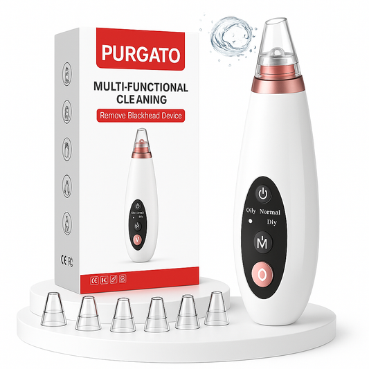 Purgato multi-functional rechargeable blackhead remover device featuring adjustable suction modes, multiple replacement heads, and elegant packaging.