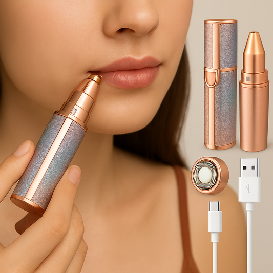 Woman using Purgato rechargeable facial hair remover; includes device with USB charging cable and compact design for portable, gentle facial grooming.