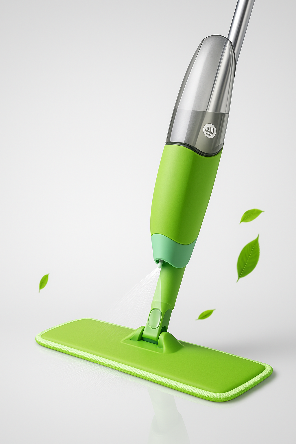 Green spray mop with squeeze handle, aluminum alloy pole, 600ml water bottle, sprinkler head, and microfiber cleaning cloth from Purgato India.