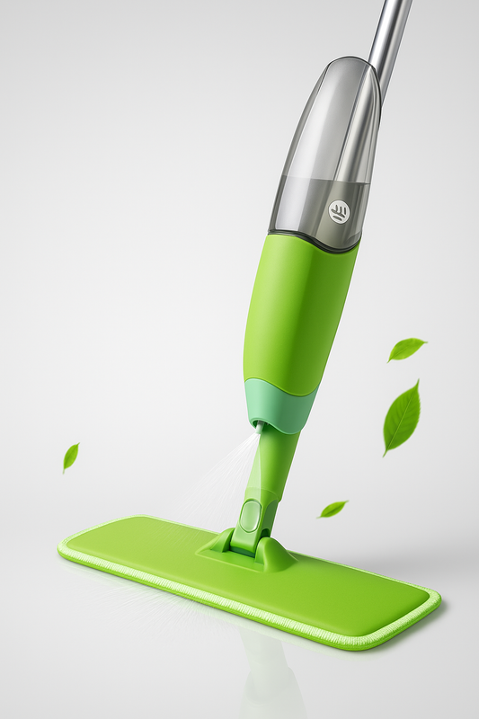 Green spray mop with squeeze handle, aluminum alloy pole, 600ml water bottle, sprinkler head, and microfiber cleaning cloth from Purgato India.