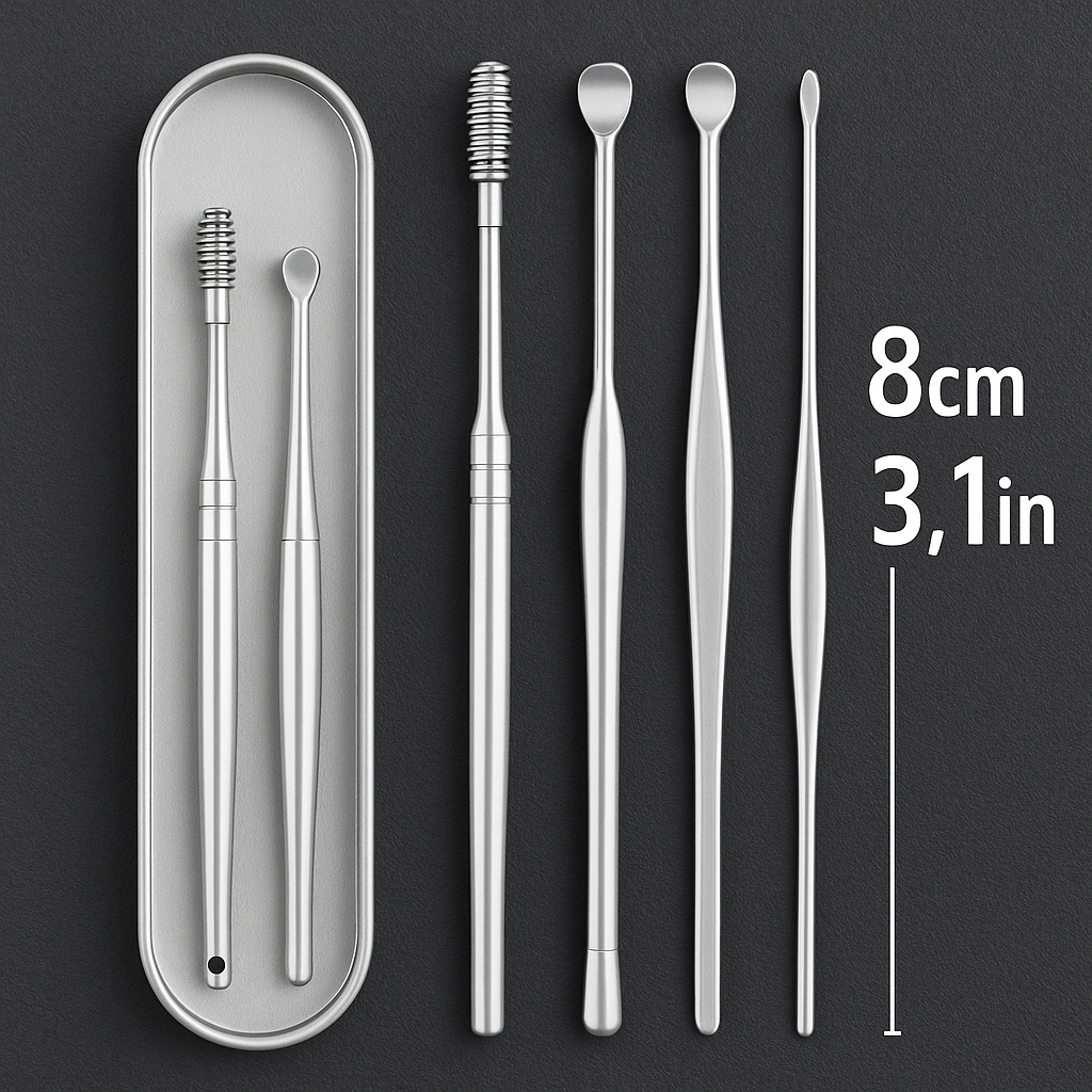 Purgato 6-piece stainless steel ear cleaning tool set including spiral ear picks and scoops in compact carrying case.