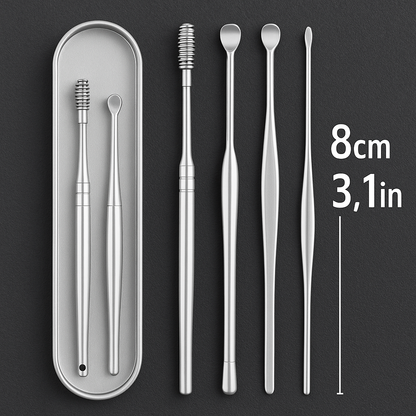 Purgato 6-piece stainless steel ear cleaning tool set including spiral ear picks and scoops in compact carrying case.