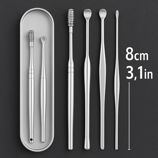 Purgato 6-piece stainless steel ear cleaning tool set including spiral ear picks and scoops in compact carrying case.