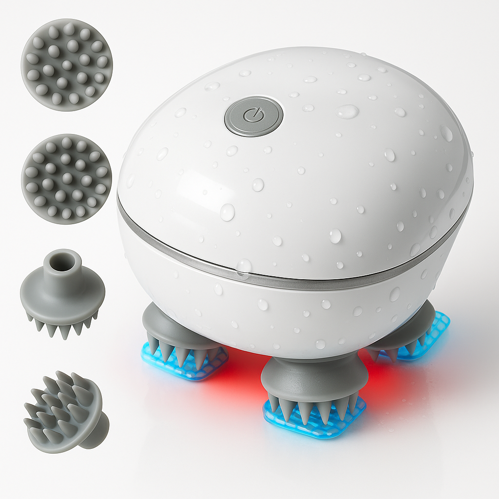Waterproof electric scalp massager with four rotating silicone heads, LED light base, and interchangeable massage attachments.