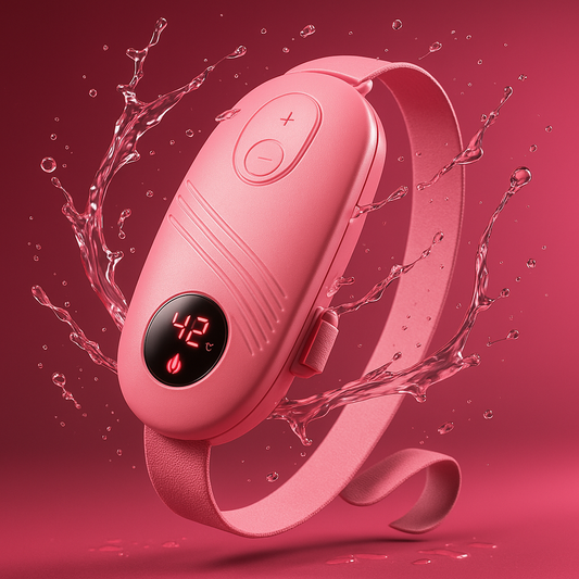 Pink smart heating pad belt with LED temperature display showing 42°C, surrounded by water splashes, on a red background.
