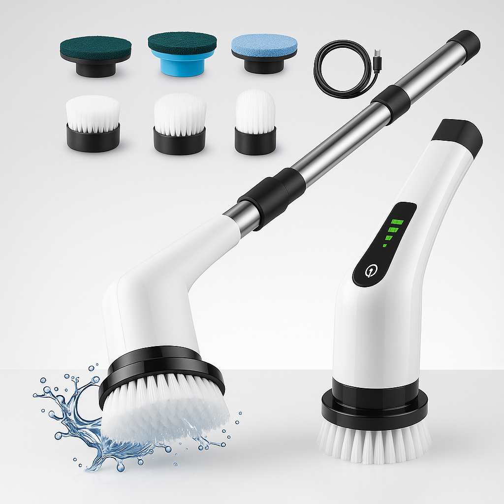 Purgato electric spin scrubber set featuring cordless handle, battery indicator, multiple brush heads, extendable pole, and USB charging cable.
